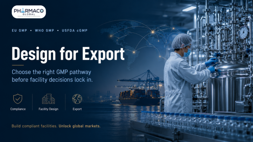 Pharmaco Global blog banner titled Design for Export, comparing EU GMP, WHO GMP, and USFDA cGMP compliance pathways for pharmaceutical facility design. The dark navy visual shows a gowned scientist in a cleanroom operating a stainless steel processing vessel, alongside a filling line of capped vials, a container ship at a port, and a world map with connected export routes. Icons highlight three pillars: Compliance, Facility Design, and Export. The headline advises pharmaceutical manufacturers to choose the right GMP pathway before facility decisions lock in. A closing tagline reads: build compliant facilities and unlock global markets across regulated regions.