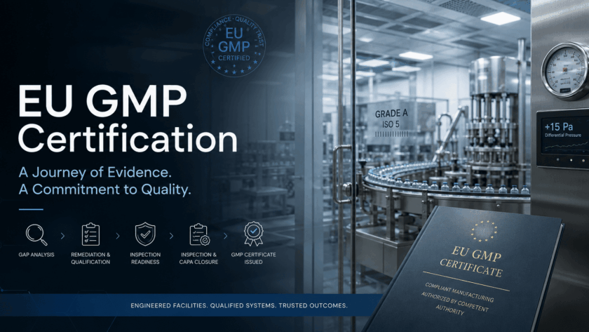 EU GMP certification hero banner featuring a Grade A ISO 5 aseptic filling line behind glass, +15 Pa differential pressure display, and a five-step process: gap analysis, remediation and qualification, inspection readiness, inspection and CAPA closure, and GMP certificate issued