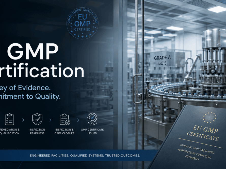 EU GMP certification hero banner featuring a Grade A ISO 5 aseptic filling line behind glass, +15 Pa differential pressure display, and a five-step process: gap analysis, remediation and qualification, inspection readiness, inspection and CAPA closure, and GMP certificate issued