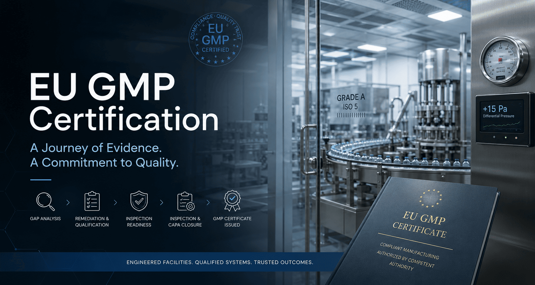 EU GMP certification hero banner featuring a Grade A ISO 5 aseptic filling line behind glass, +15 Pa differential pressure display, and a five-step process: gap analysis, remediation and qualification, inspection readiness, inspection and CAPA closure, and GMP certificate issued