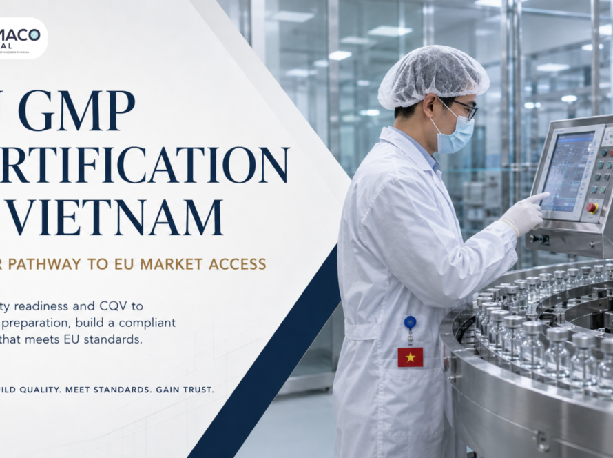 EU GMP certification in Vietnam banner showing a pharmaceutical technician operating a vial filling line in a GMP cleanroom facility