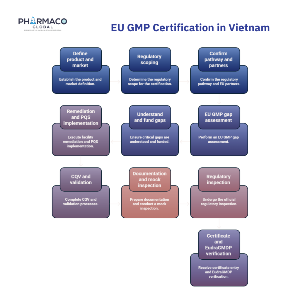 EU GMP Certification Process for Vietnam Pharmaceutical Facilities Step-by-step EU GMP certification roadmap for pharmaceutical facilities in Vietnam, progressing from product and market definition, regulatory scoping, and EU GMP gap assessment through facility remediation, PQS implementation, CQV and validation, mock inspection, official regulatory inspection, and final certificate entry with EudraGMDP verification.