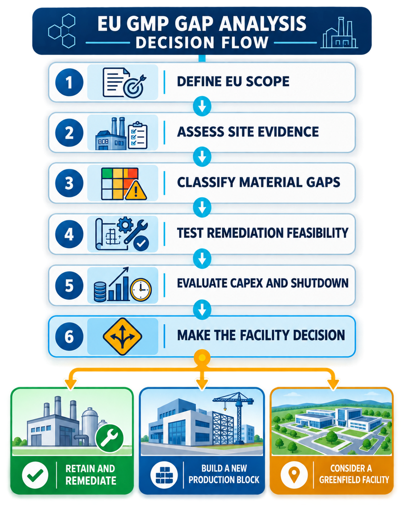 EU GMP gap analysis decision flow EU GMP gap analysis decision flow from defining scope to the facility decision: retain and remediate, new block, or greenfield