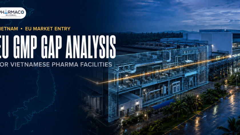 EU GMP gap analysis banner for Vietnamese pharma facilities showing a manufacturing plant with HVAC and utility systems