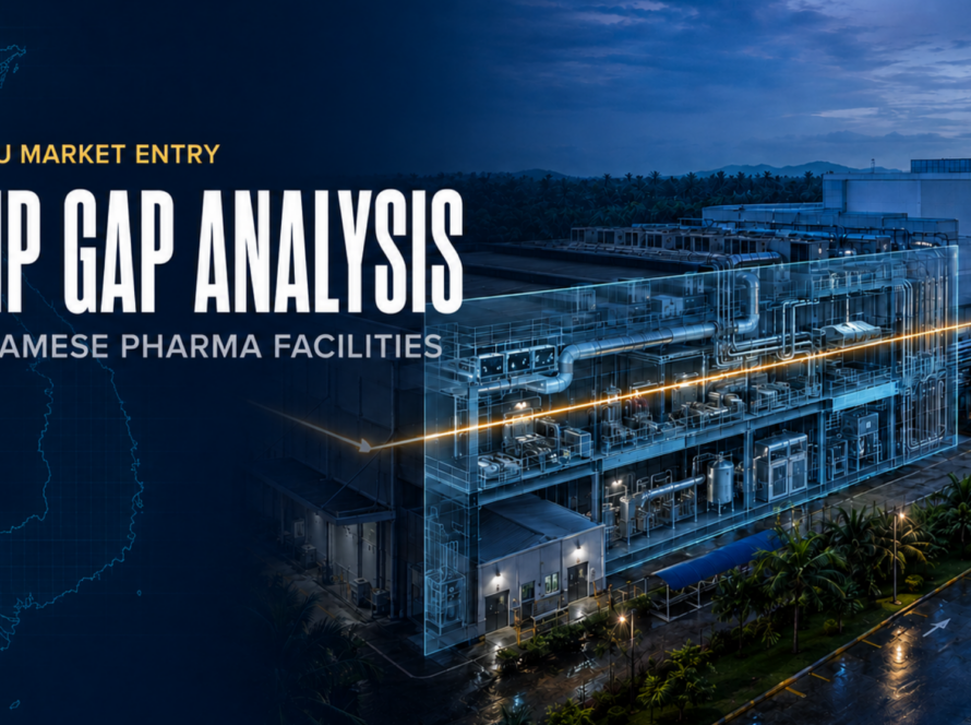 EU GMP gap analysis banner for Vietnamese pharma facilities showing a manufacturing plant with HVAC and utility systems