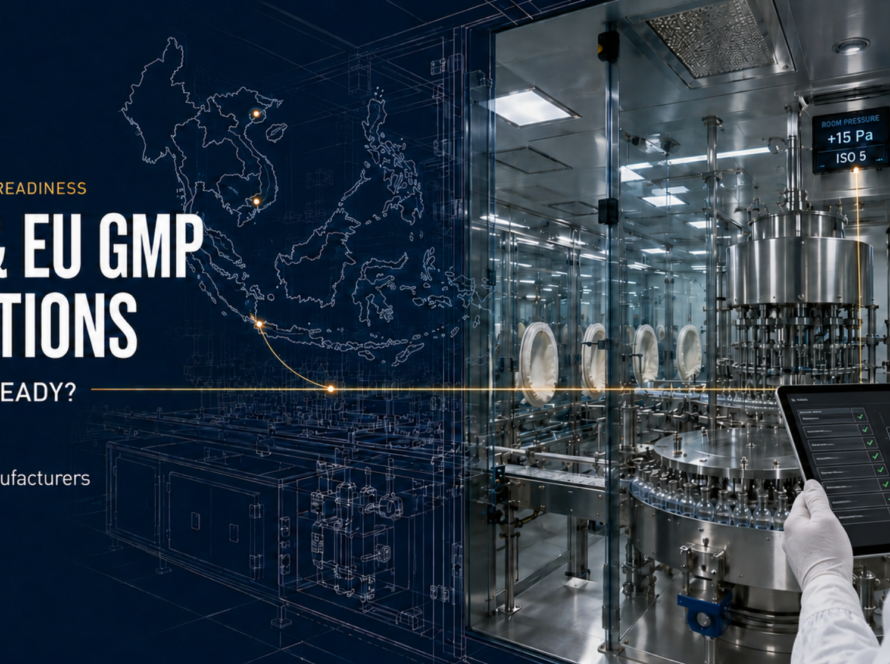 GMP inspector reviewing an ISO 5 sterile filling line for MHRA and EU GMP inspection readiness in Southeast Asia.