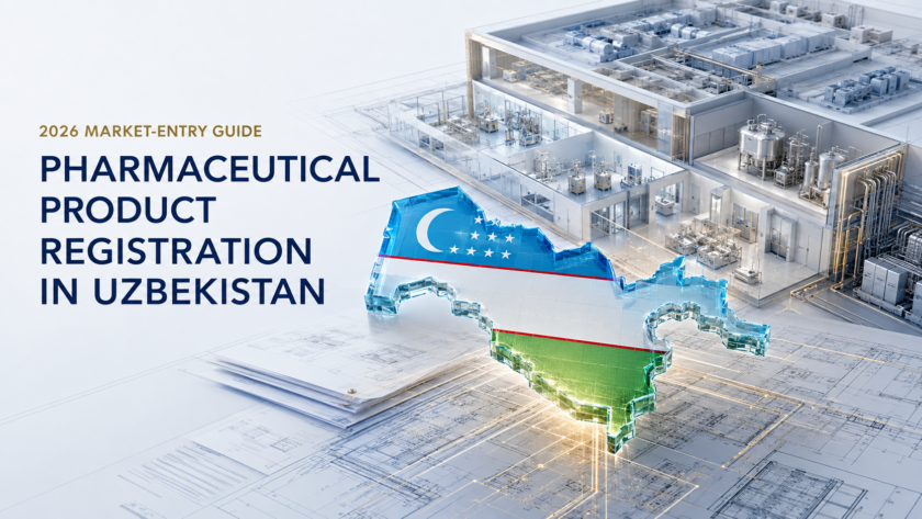 Pharmaceutical product registration in Uzbekistan 2026: GMP fill-finish line with technician and Uzbekistan flag map, covering registration, GMP readiness and local manufacturing for market entry