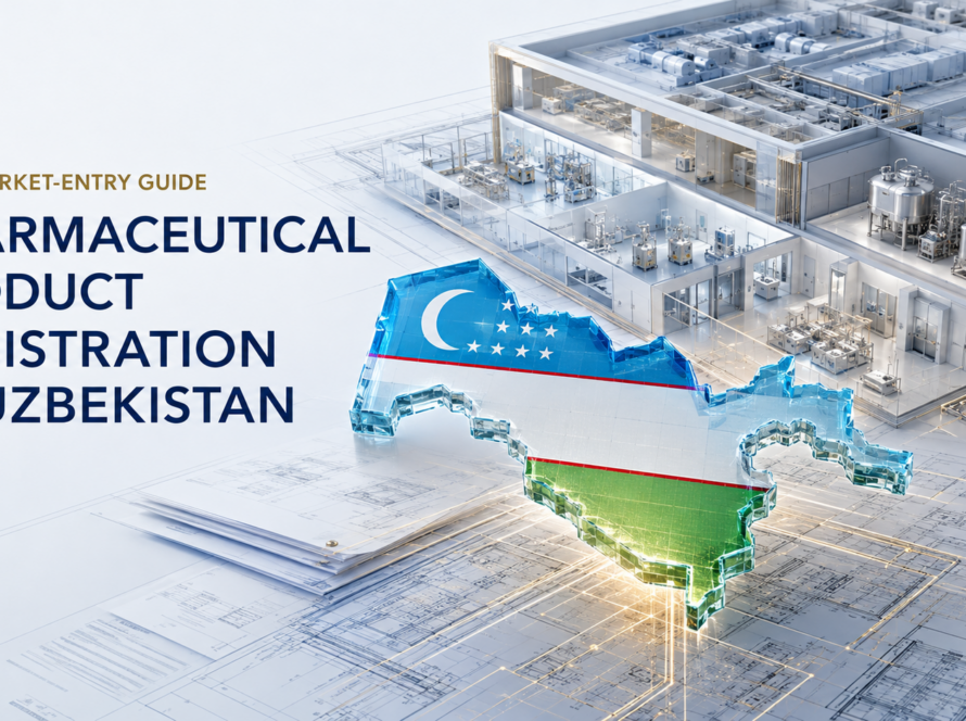 Pharmaceutical product registration in Uzbekistan 2026: GMP fill-finish line with technician and Uzbekistan flag map, covering registration, GMP readiness and local manufacturing for market entry